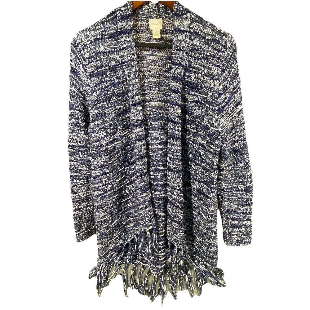 Chico's‎ Marled Blue Cardigan Sweater Sz. 2 Large Fringe Cotton Blend Open Boho